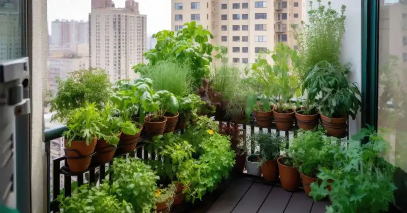 small urban balcony filled with green vegetable plants in pots