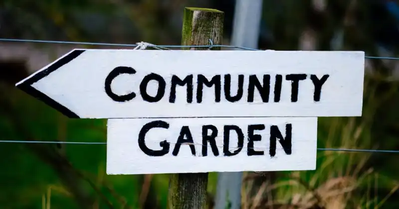 white and block community garden sign hanging on wooden post outside