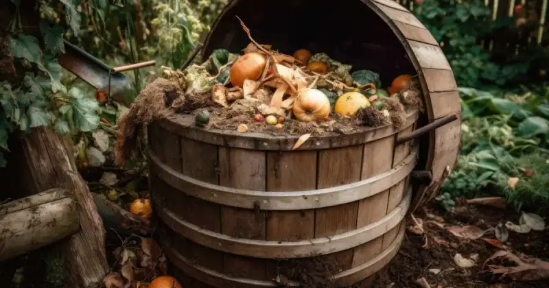 wooden basket filled with composting food scraps in outside garden