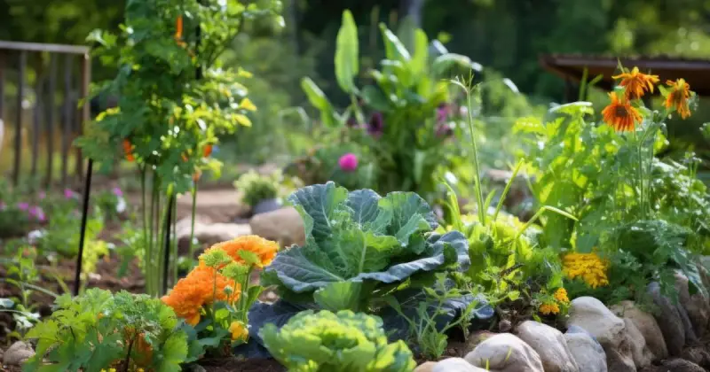 closeup of outdoor raised stone garden filled with flowers and vegetables in sunlight
