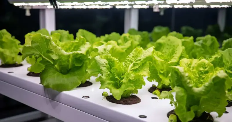 rows of leafy green lettuce growing indoors hydroponically under grow lights