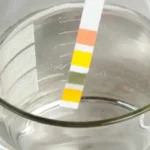 multi-colored pH test strip being submersed in solution in glass beaker for accurate test