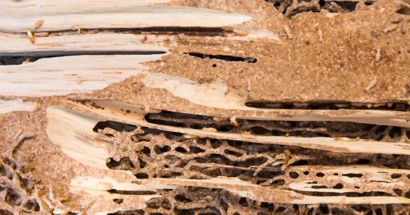 closeup of wood infested with termites and the damage caused